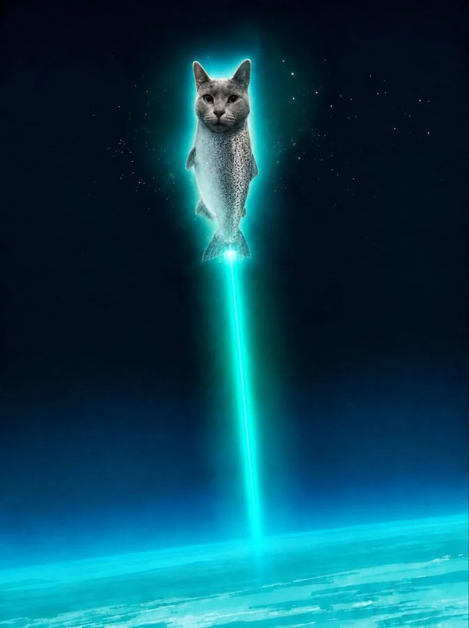 KOTFISH riding a column of turquoise light down from the sky