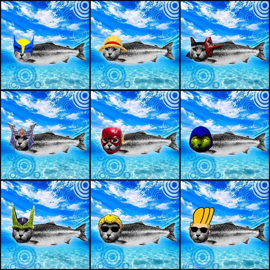 Nine KOTFISH in different hats arranged in a grid