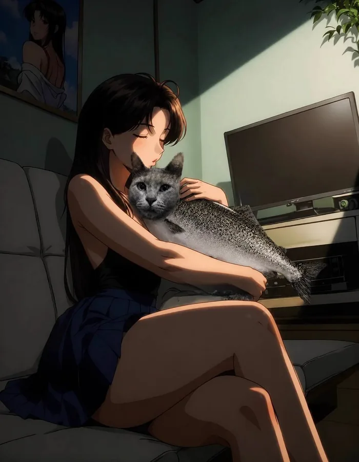 Someone sitting at a desk holding KOTFISH in their arms