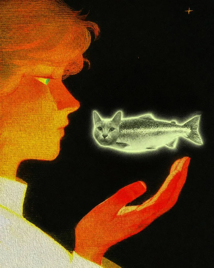 A glowing KOTFISH between a silhouetted face and an open hand