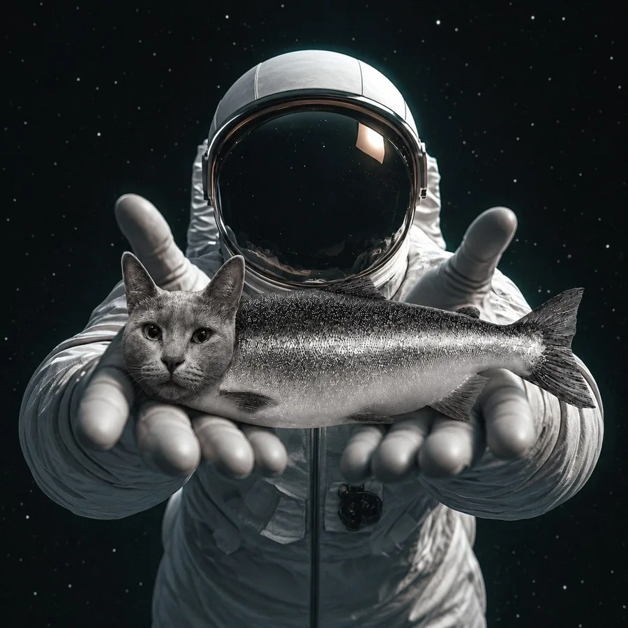 An astronaut holding KOTFISH in both gloved hands